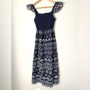 Embroidered Ruffle‎ Sleeve Smocked Midi Dress Size Small Coastal Cottage Boho